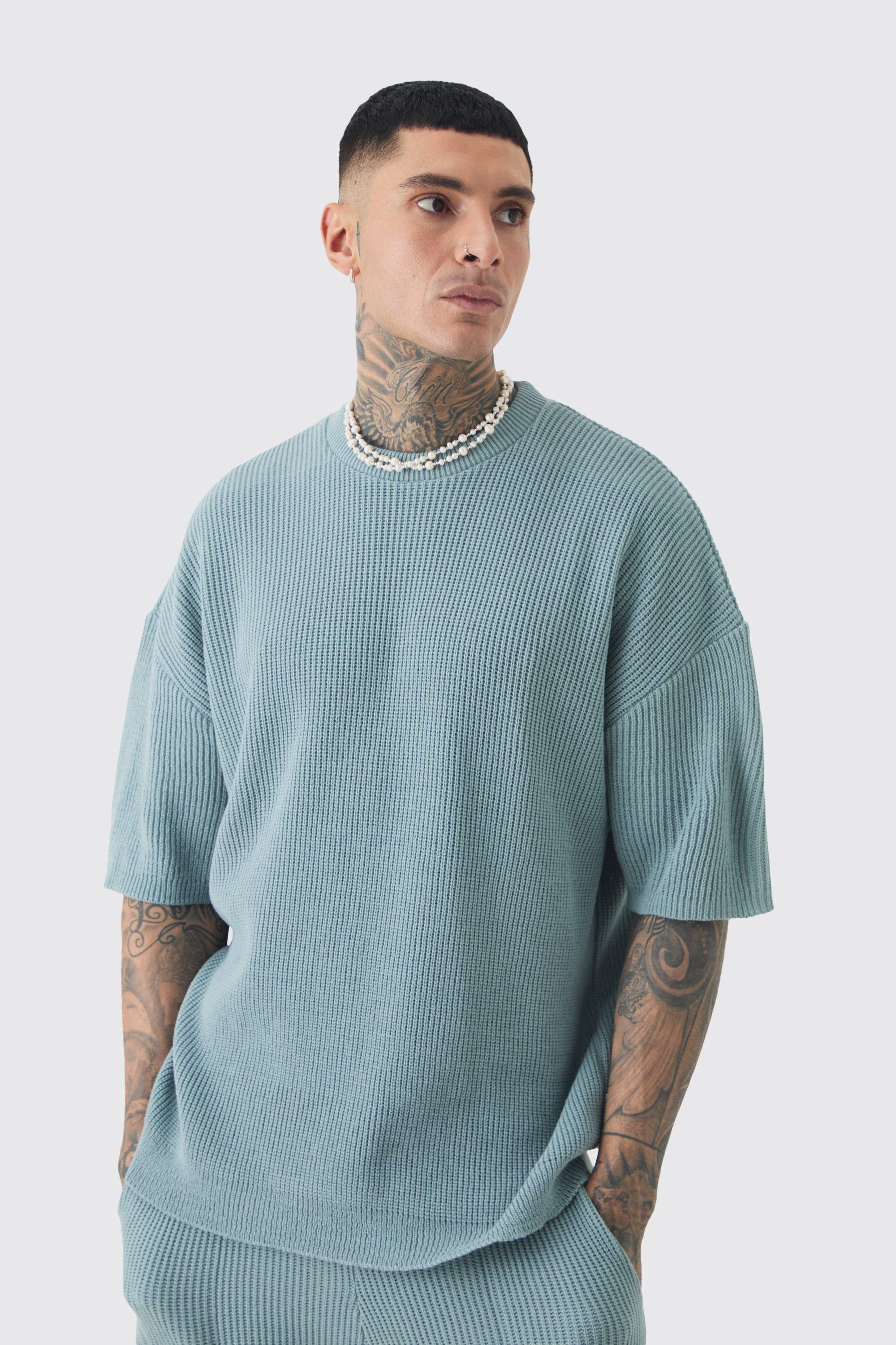 Mens Blue Tall Oversized Ribbed Knit T-shirt, Blue